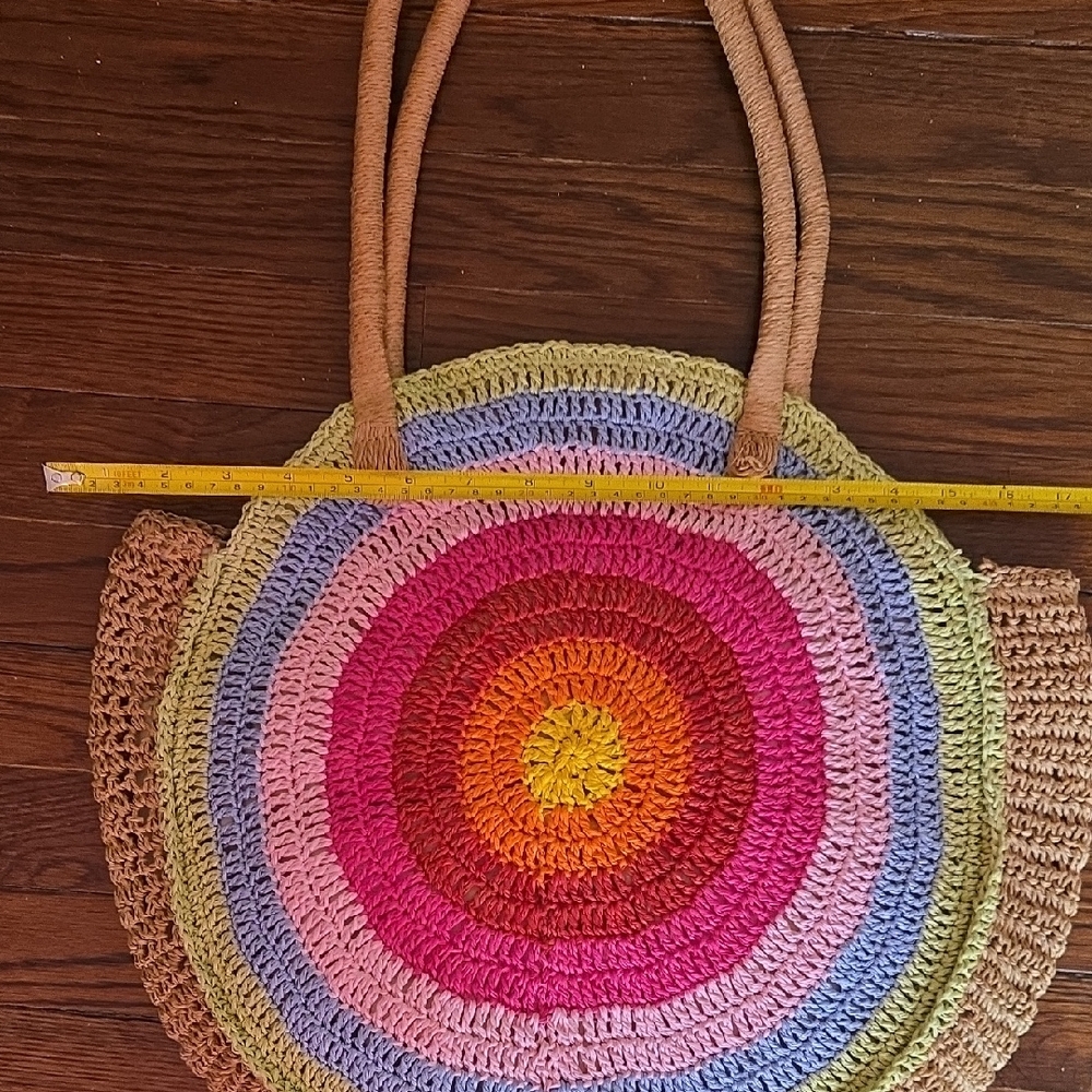 INC Round Crochet Multi-Color Straw Tote Bag - Pink/Yellow/Blue - Picture 7 of 8